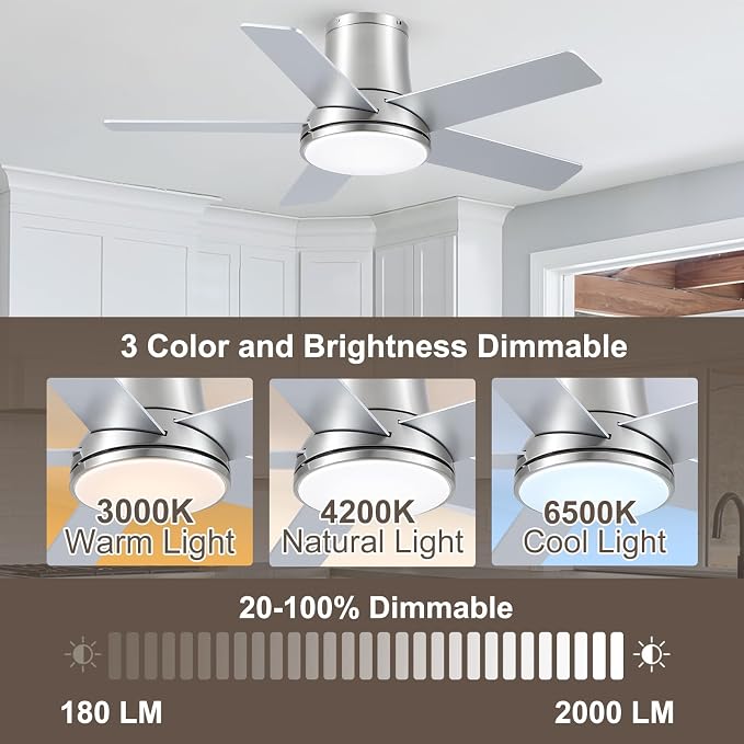 42 Inch Pro Brushed Nickel Flush Mount Ceiling Fans with Lights and Remote | 3CCT Dimmable LED, 6 Speed, Quiet DC Motor, 3-Level Timer Function, Forward/Reserve For all Seasons, Indoor/Covered Outdoor