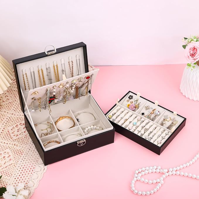 BOOVO Large Jewelry Boxes For Women (Black, 4 layer) | 4 Layers Jewelry Organizer Box With Cosmetic Storage Drawer, Necklace Ring Jewelry Organizer Box