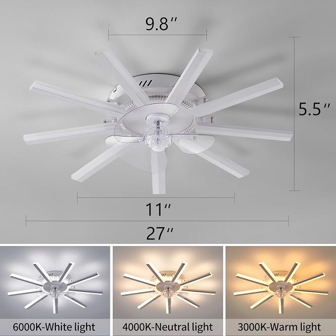 Modern LED Ceiling Fan with Light, 30" Low Profile Flush Mount Ceiling Fan with Remote & APP Control, Dimmable Smart Fandelier with 6 Speeds for Bedroom Living Room Dining Room (White)