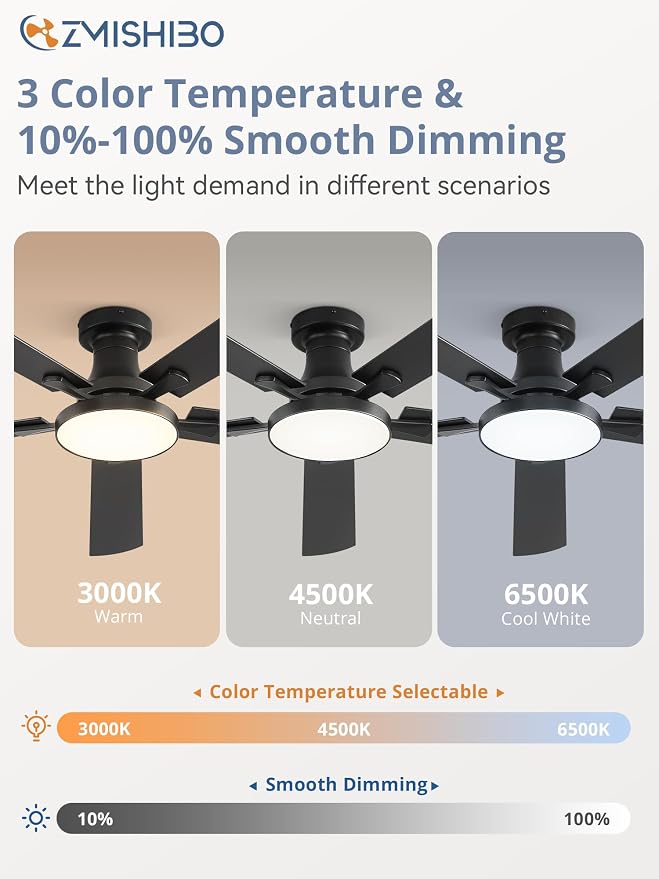 ZMISHIBO 60 Inch Flush Mount Ceiling Fan with Light, Remote&APP, Black | 6-Speed Quiet DC Motor, Dimmable 24W LED with 3CCT (3000K-6500K), Modern Low Profile for Living Room, Bedroom, Kitchen