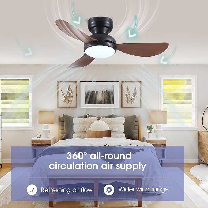 Kviflon 36 Inch Ceiling Fans with Lights, Small Flush Mount Ceiling Fan, Remote/APP Control, 3 Reversible Curved Blades, 6 Speeds, 3 CCT Dimmable Lights for Bedroom Kids Room, Brown