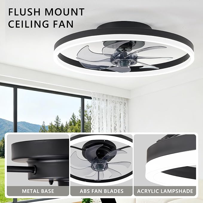 20" Low Profile Ceiling Fans with Lights and Remote & APP, Dimmable 3000-6500K LED Fandelier Ceiling Fan with Light, Modern Flush Mount Ceiling Fan Light for Living Room, Bedroom and Kitchen