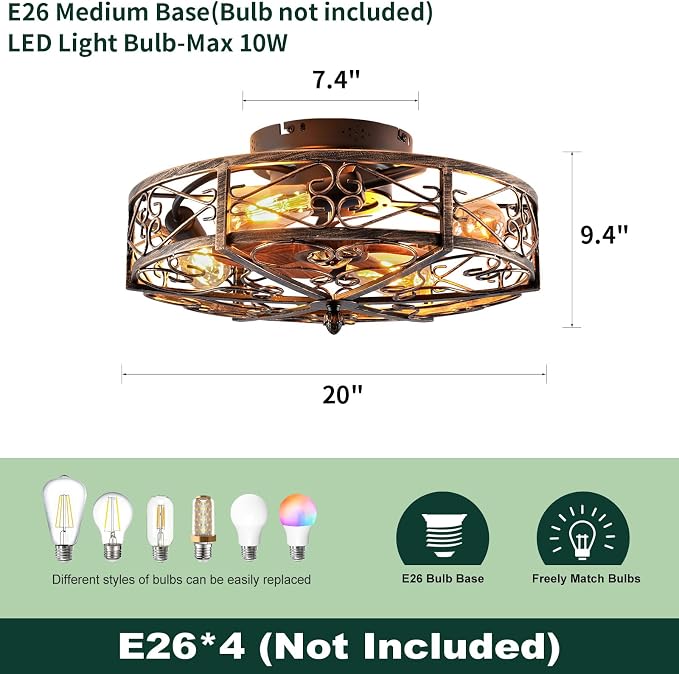 20" Flush Mount Caged Ceiling Fan with Lights, 6 Speeds Fandelier with Remote, Low Profile Farmhouse Ceiling Fan for Bedroom Kitchen