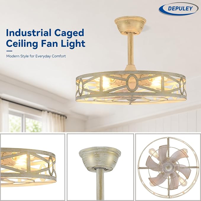 Depuley Caged Ceiling Fans with Light: 20-Inch Cement Enclosed Farmhouse Fandelier for Kitchen Bedroom - Industrial Semi Flush Mount Ceiling Fan with Remote 6 Speeds Reversible Motor Timer