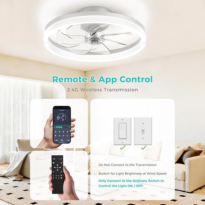 20 Inch Ceiling Fans with Lights and Remote, Flush Mount Low Profile Ceiling Fan with Light,3000K-6500K Dimmable,Modern LED Fandelier Ceiling Fan for Bedroom Living Room (White)