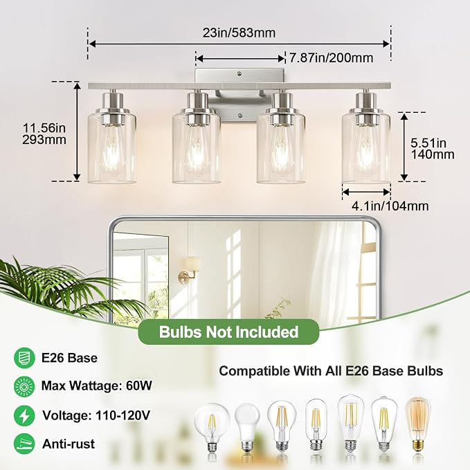 Indoi 4-Light Bathroom Light Fixtures, Brushed Nickel Modern Vanity Lights with Clear Glass Shades, Bathroom Wall Lamp for Mirror Living Room Cabinet Bedroom Porch