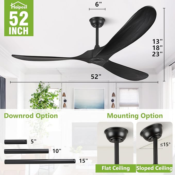 Haipeel 52 Inch Ceiling Fan no Light, Wood Ceiling Fans without Lights with Remote Control, Indoor Outdoor Ceiling Fan for Porch Garage Modern Propeller Black Ceiling Fans 3 Blades, Matte Black