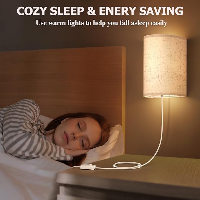 OCATO Plug in Wall Sconces Set of Two: Wall Light Wall Lamp with On/Off Switch 3000K 4500K 6000K Selectable Fixtures Fabric Linen Shade Wall Decor Wall Lights for Bedroom Living Room Hallway Indoor