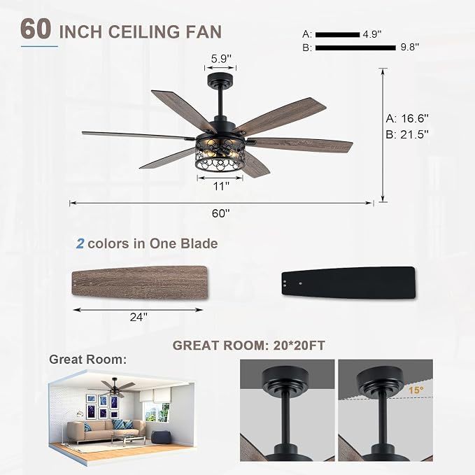Bella Depot 60" Ceiling Fan with Light, Farmhouse Caged Chandelier Fan, Industrial Ceiling Fan Rustic Indoor Fandelier with Silent Motor for Dining Living Room Bedroom, (Bulbs not Included) (Black)