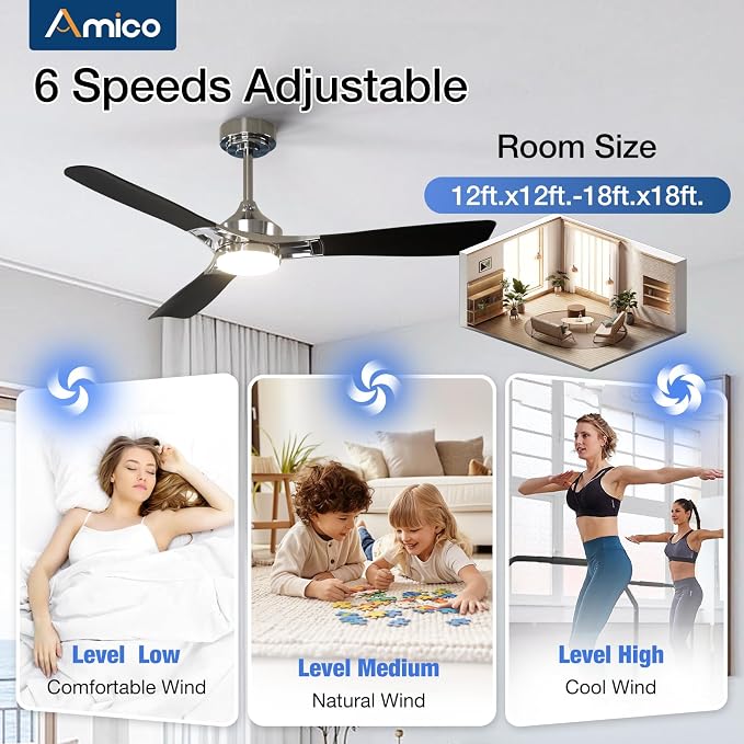 Amico 52 Inch Ceiling Fan with Lights, Modern Nickel 3-Blade Ceiling Fan with Remote Control, Dimmable LED, 3CCT, Quiet Reversible Motor, Indoor/Outdoor for Patio, Living Room, Bedroom, Kitchen