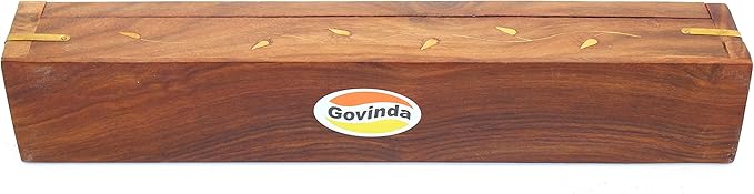 Govinda Wooden Coffin Incense Burner - 12" - Brass Inlays - Storage Compartment - Vines
