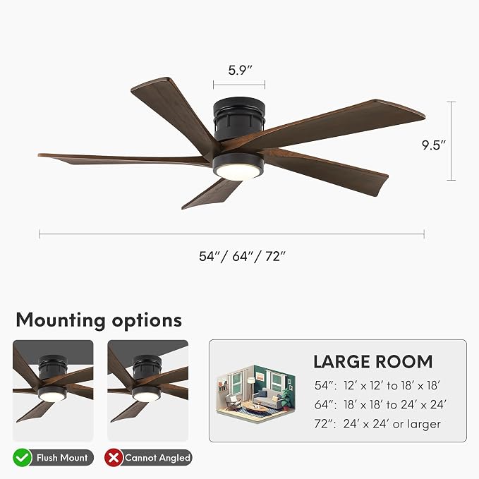 EKIZNSN 64 Inch Outdoor Low Profile Flush Mount Ceiling Fans with Lights and Remote Control for Patios, 6-Gear Speed, 110V Noiseless Reversible DC Motor (Black Finish with Walnut Blades)
