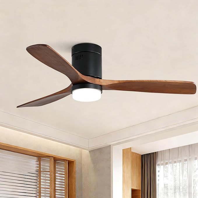 Sofucor 52 Inch Ceiling Fans with Lights, Flush Mount Ceiling Fan with Lights Remote Control, Indoor/Outdoor Ceiling Fan Light, Reversible DC Motor, 3 Blade Solid Wood Ceiling Fans for Bedroom Patio