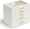 VLANDO 5-Drawer Jewelry Box with Glass Lid, Faux Leather Organizer for Rings Earrings Necklaces and More, Gift-Ready Jewelry Case for Women Girls or Moms, Beige