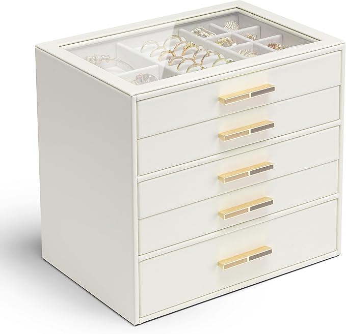 VLANDO 5-Drawer Jewelry Box with Glass Lid, Faux Leather Organizer for Rings Earrings Necklaces and More, Gift-Ready Jewelry Case for Women Girls or Moms, Beige