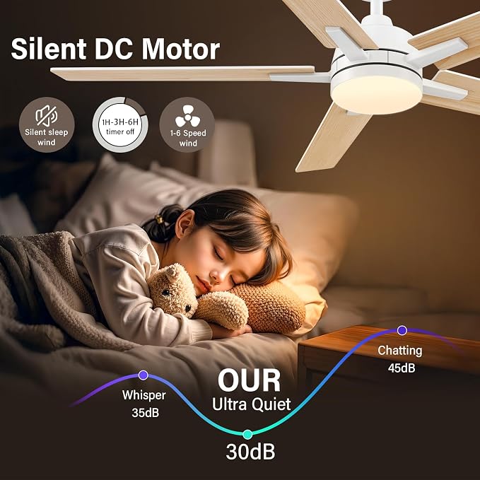 52 Inch White Ceiling Fans with Lights and Remote, Low Profile 5 Blades Ceiling Fan with Downrods, Reversible, 3CCT, Dimmable, Noiseless for Living Room, Bedroom and Patio