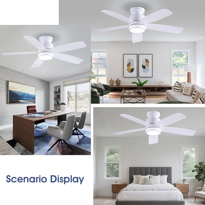 Wiviniya Ceiling Fans with Lights and Remote Control, 46 inch Low Profile Flush Mount Ceiling Fan, 3 CCT LED Dimmable Lights 5 Reversible Plastic Blades 6 Speeds for Bedroom Living Room, White