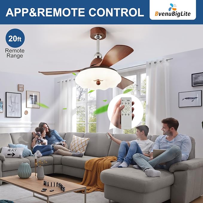 Ceiling Fans with Lights and Remote: 42-Inch Ceiling Fan 3 Blades Cloud Low Profile Outdoor - Walnut Ceiling Fans with Remote Control Quiet Reversible DC Motor for Living Room