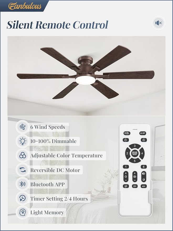 Fanbulous 52 Inch Ceiling Fan with Lights, APP & Remote Control, Flush Mount Low Profile Bronze Ceiling Fan, 3000-6000K Dimmable LED, Quiet Reversible Motor, 6 Blades, 6 Speeds,for Bedroom Living Room