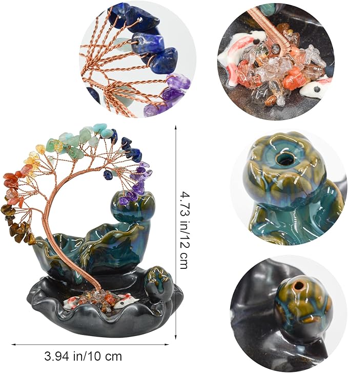 Backflow Incense Burner, Ceramic Incense Waterfall Burner with 7 Chakras Healing Crystals Tree Fountain Incense Holders for Yoga Meditation Home Decor