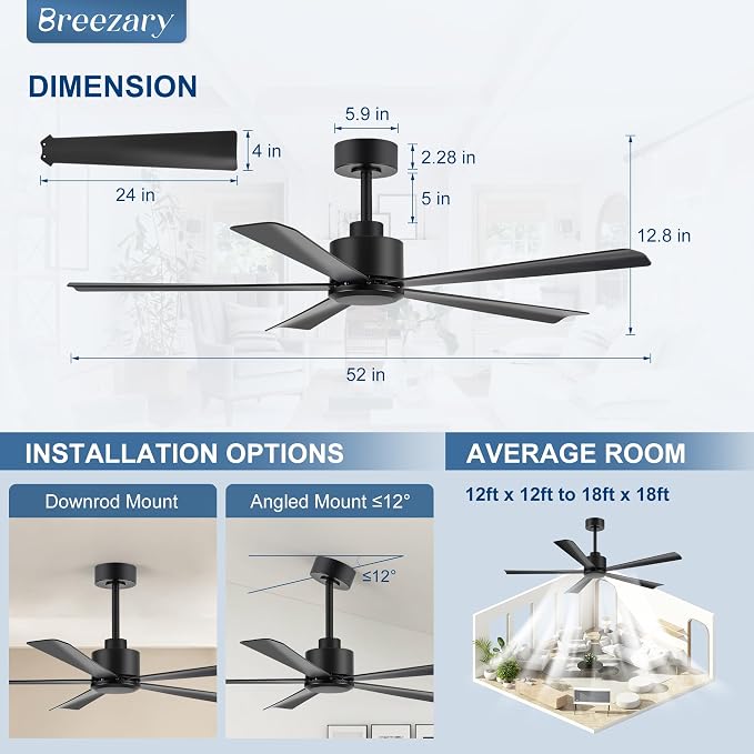 52 inch 5 Blade Ceiling Fans without Light Remote Control, Quiet Reversible DC Motor, 5 Black Blades, 6-Speed, Industrial Ceiling Fan for Home Kitchen (Black)