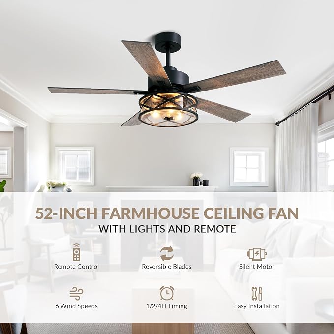 Farmhouse Ceiling Fan with Lights 52 Inch Caged | Bubble glass shade farmhouse fandelier with walnut blades, quiet DC motor, remote, 6 speeds, timer for stylish living spaces.
