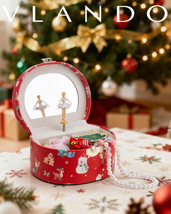 VLANDO Gifts for Girl, Musical Jewelry Box for Girls, Small Kid Music Box with Ballerina for Party Bedroom Decor, Gifts for Girls Kids - Christmas Red