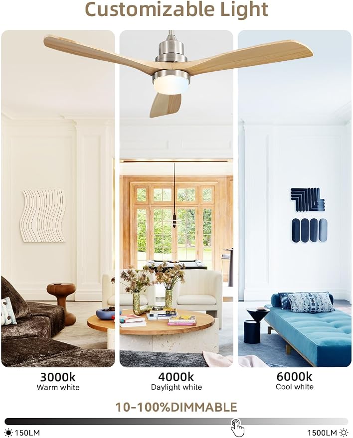 Sofucor 52 Inch Smart Ceiling Fans with Lights and Alexa/APP/Remote Control-Modern Outdoor 3 Solid Wood Blades Ceiling Fan for Bedroom Living Room Patio, Sandy Nickel&Natural Wood