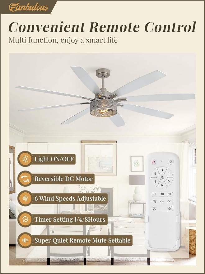 Fanbulous Farmhouse Ceiling Fans with Lights and Remote, 72 Inch Brushed Nickel Industrial Caged Ceiling Fans for Bedroom Living Room Kitchen, 6 Speed Reversible Quiet DC Motor, Dual Finish 8 Blades