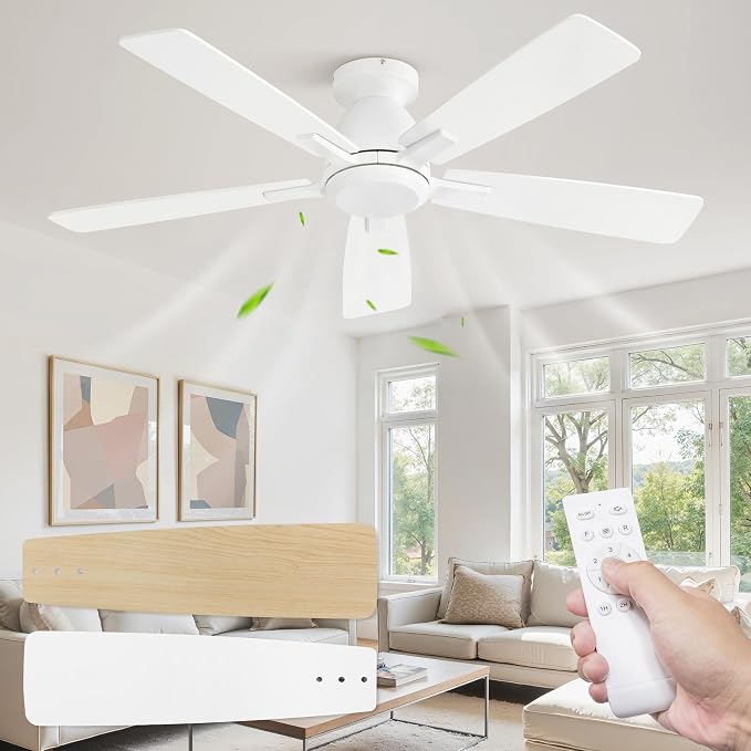 Fanbulous 46 Inch Flush Mount Ceiling Fan No Light with Remote, White | Modern Low Profile Without Light, 6-Speed, Quiet Reversible DC Motor, Indoor/Outdoor Use, for Bedroom, Living Room, Patio