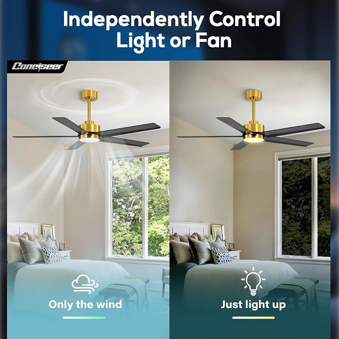 Conciseer 52 Inch Ceiling Fans with Lights and Remote for Bedroom Living Room Kitchen Office, Indoor/Outdoor Use, 3CCT Dimmable, 5 Blades 6 Speed Reversible Quiet DC Motor, Gold/Black