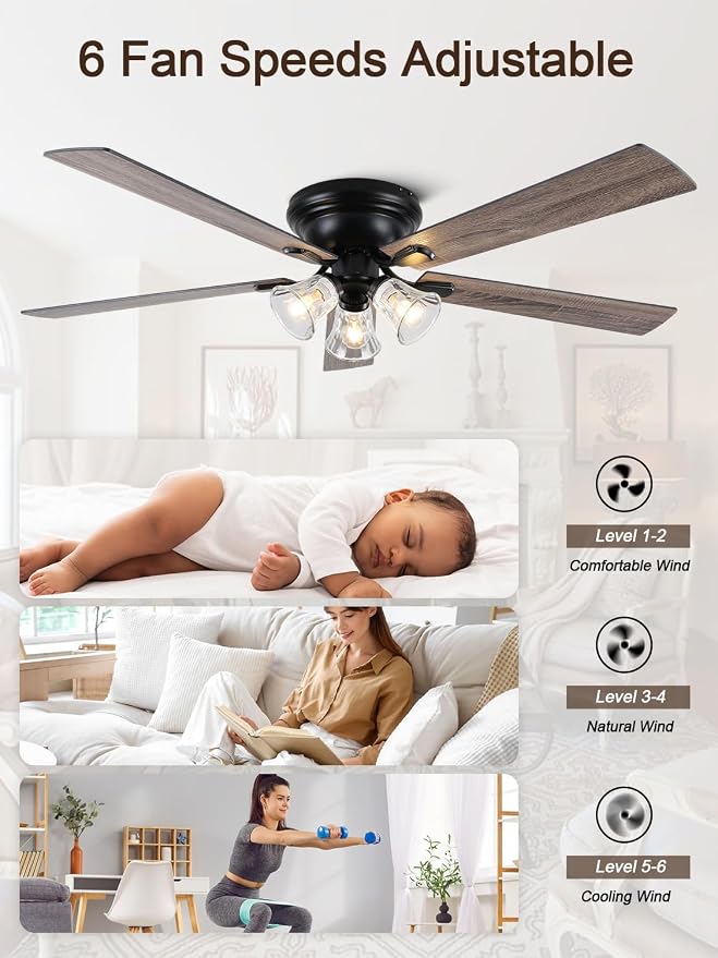52" Flush Mount Crystal Ceiling Fan with Lights and Remote | Rustic Chandelier Ceiling Fan, Low Profile Farmhouse Fandelier for Bedroom Living Room Kitchen, 3 E12 Bulbs (Not Included)