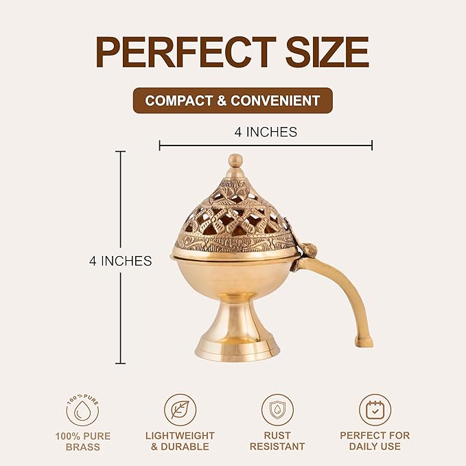 Pure Brass Loban Burner/Dhoop Dani | Round Dhuna Incense Burner for Loban & Dhoop | Traditional Tabletop Brass Dhooni for Home Purification | Small Size