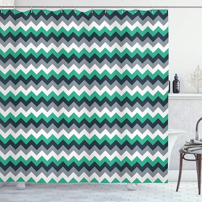 Ambesonne Chevron Shower Curtain, Zig Zag Symmetric Arrows Striped Pattern in Vibrant Color Artisan Print, Cloth Fabric Bathroom Decor Set with Hooks, 69" W x 70" L, Jade Green Grey White