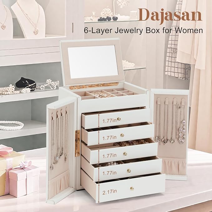 Dajasan Large Jewelry Organizer Box, 6-Tier Jewelry Storage Case with 5 Drawers, Jewelry Boxes for Women Girls with Mirror, Double Door, Textured PU Leather, Gift Idea, Stylish (White + Gold)