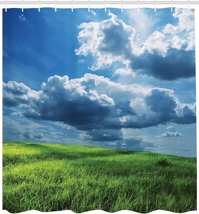 Ambesonne Clouds Shower Curtain, Freshening Grasslands and Large Rain Clouds Epic Field Idyllic Sky Scenery, Cloth Fabric Bathroom Decor Set with Hooks, 69" W x 70" L, Blue Green