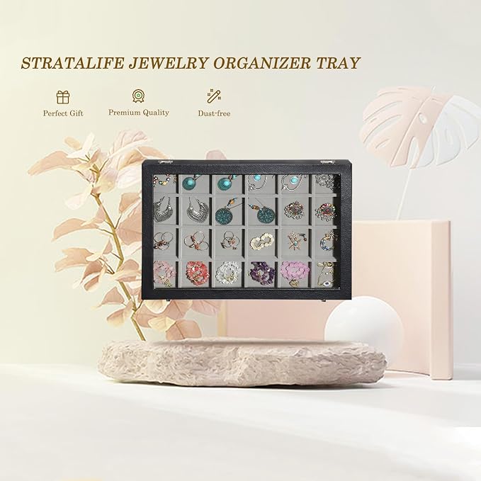 Stratalife 24 Grid Earring Organizer, Jewelry Holder Organizer with Lid | PU Leather Storage Box for Earring, Ring, Studs and Trinkets, Soft Velvet Drawer Organizer for Women, Dustproof, Gray Black