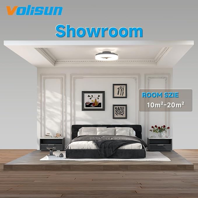 VOLISUN Low Profile Ceiling Fans with Lights and Remote, 15.7in Fandelier Ceiling Fan with Light, 3000K-6500K Dimmable Bladeless LED Fan Light, Black Flush Mount Ceiling Fans with Lights for Bedroom