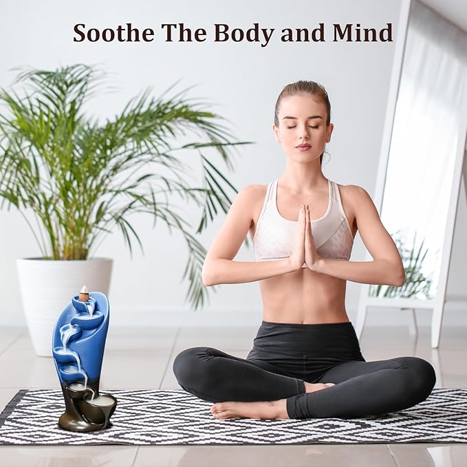 YYW Backflow Incense Burner Holder Handmade Statue Decor Fountain Waterfall Incense Holder with 20 Backflow Incense Cones 30 Incense Sticks 1 Tweezer 1 Mat for Indoor Meditation Yoga (Navy Blue)