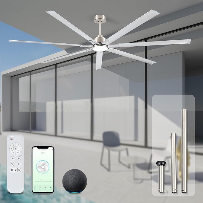 Minislak 96" Industrial Commercial HVLS 7 Brushed Nickel Aluminum Blades Ceiling Fan with Light and Compatible Alexa,High CFM Brushless Motor,6-Speed,Indoor Outdoor Ceiling Fan for Patio,Garage,Shop