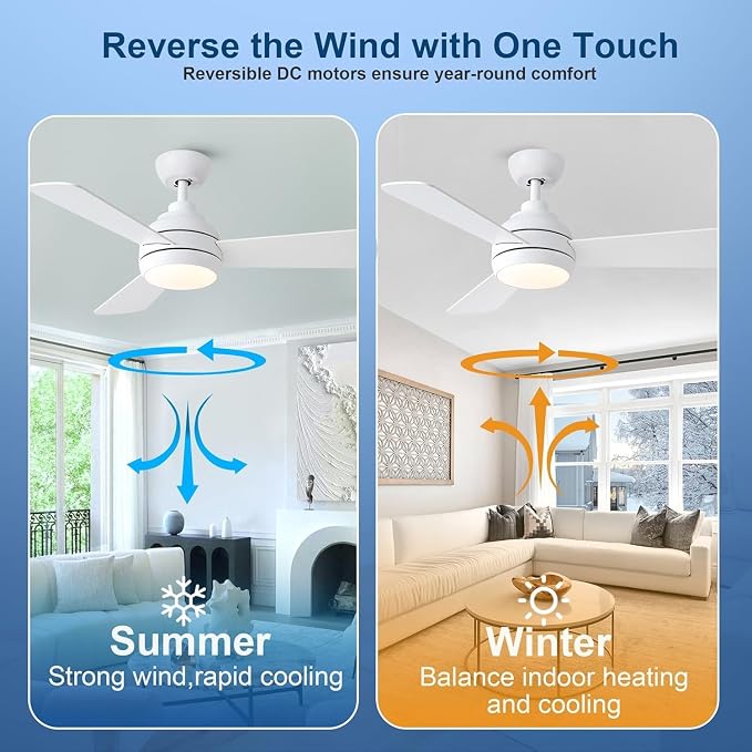 42 Inch Downrod Ceiling Fan with Light, 3 Wood Blades, White | Remote Control,Reversible Quiet DC Motor,Wood Blades,6-Speed,3CCT Dimmable LED for Bedroom,Living Room
