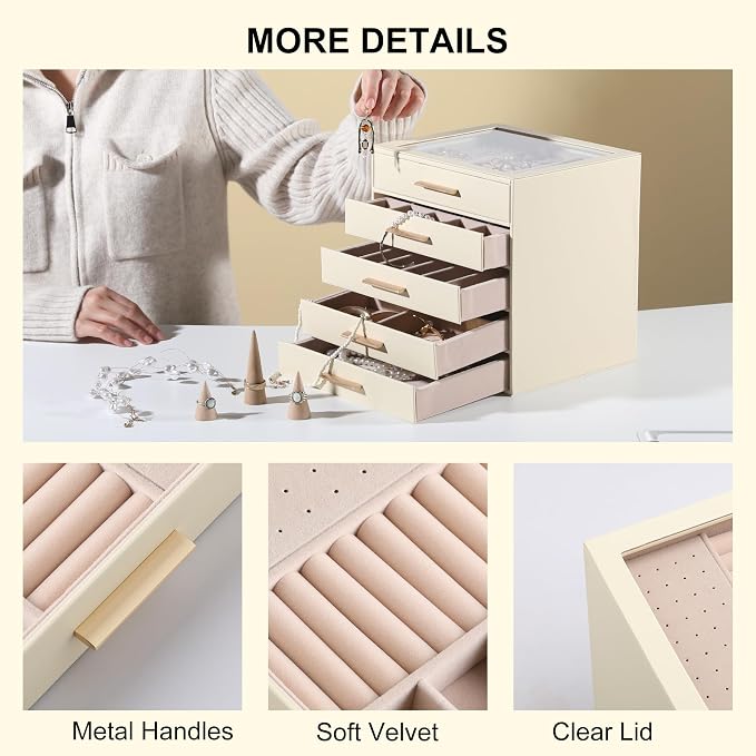 Frebeauty Jewelry Box for Women,Clear Lid Jewelry Organizer with 5 Drawers | Faux Leather,Velvet Lining,5-Layer Large Capacity,Jewelry Storage for Rings Earrings,Dustproof Design,Golden Stylish Handle