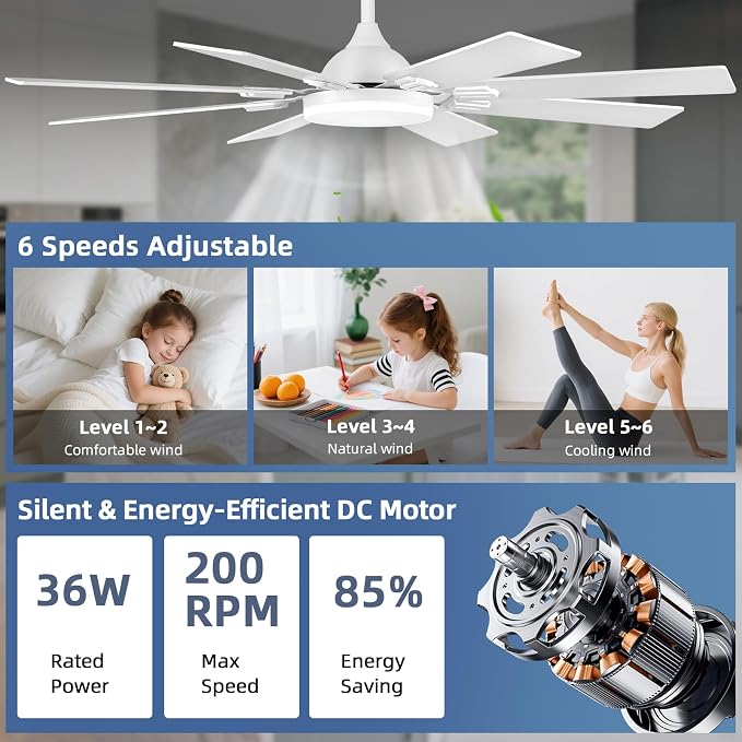 52 Inch Ceiling Fans with Lights and Remote/APP Control, Modern Ceiling Fan with 8 Dual Finish Blades,Quiet Reversible Motor, White Ceiling Fan with RGB Lights for Bedroom,Living Room,Patios