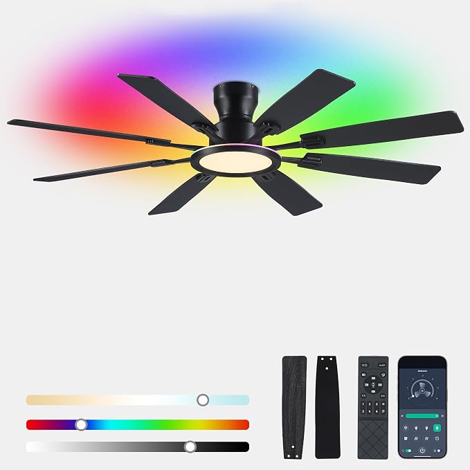 Ayaoty Ceiling Fans with Lights -60in Flush Mount Ceiling Fan with RGB Dimmable, 3CCT 6 Wind Speeds and Reversible Quiet Motor, Low Profile RGB Fan Light for Modern Indoor, Party - Black