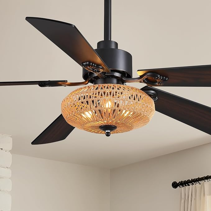 52inch Ceiling fan with Boho Rattan Caged Lampshade, Farmhouse Matte Black Ceiling Fan 5 Blades APP & Remote Control, 6-Speed Remote Dreo Fan Ceiling for Living Room Dining Room Bedroom