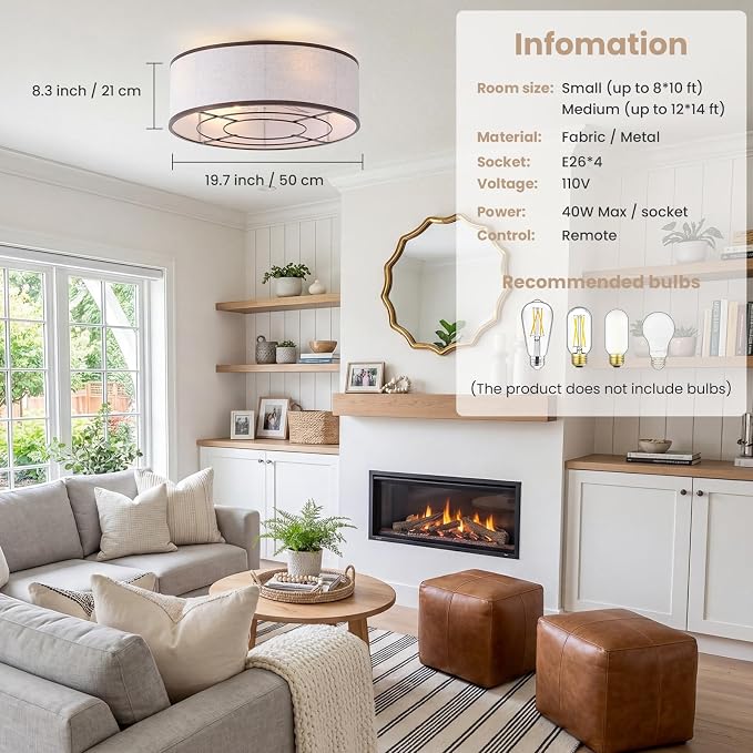 20 Inch Boho Ceiling Fan with Light, Low Profile Flush Mount Caged Ceiling Fan, Bladeless Brown Drum Chandelier with Remote, 6 Speed Reversible DC Motor for Bedroom Living Room, Nursery