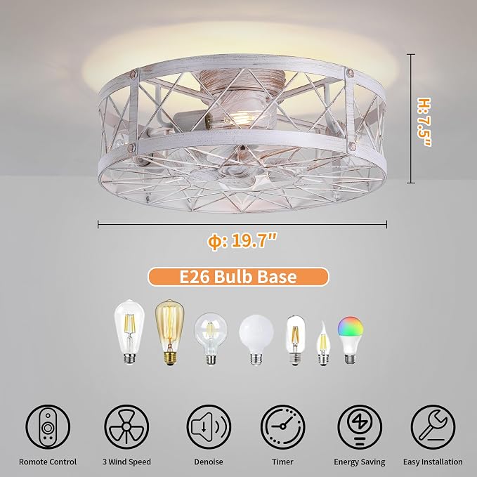 Flush Mount White Caged Ceiling Fan with Light, 20" Small Bladeless Ceiling Fan and Remote, Rustic Low Profile Ceiling Fans 4-Speed Reversible Enclosed Ceiling Fans for Bedroom Kitchen Farmhouse