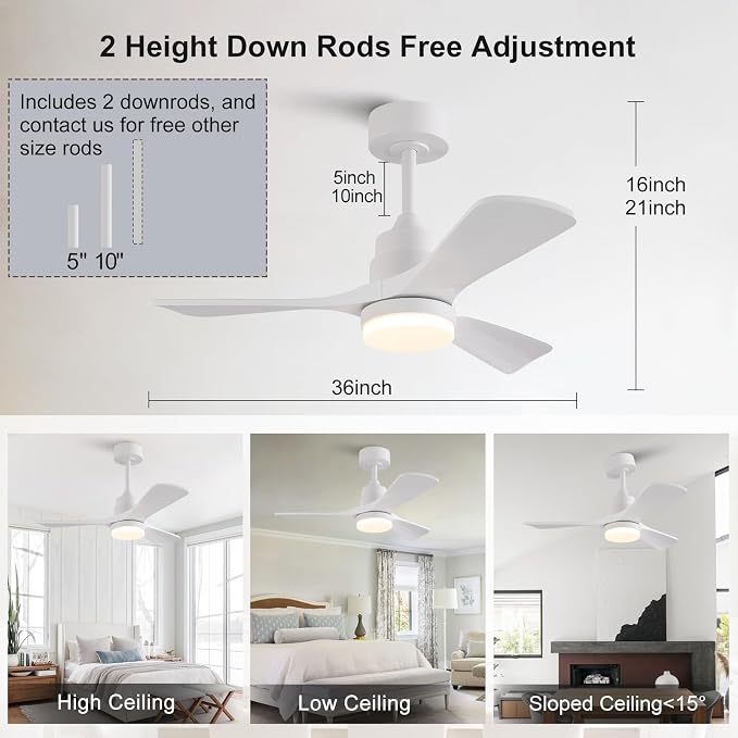 36 Inch Ceiling Fan with Light | 3 Blades, Solid Wood, Modern Indoor Outdoor, Dimmable LED, Remote Control