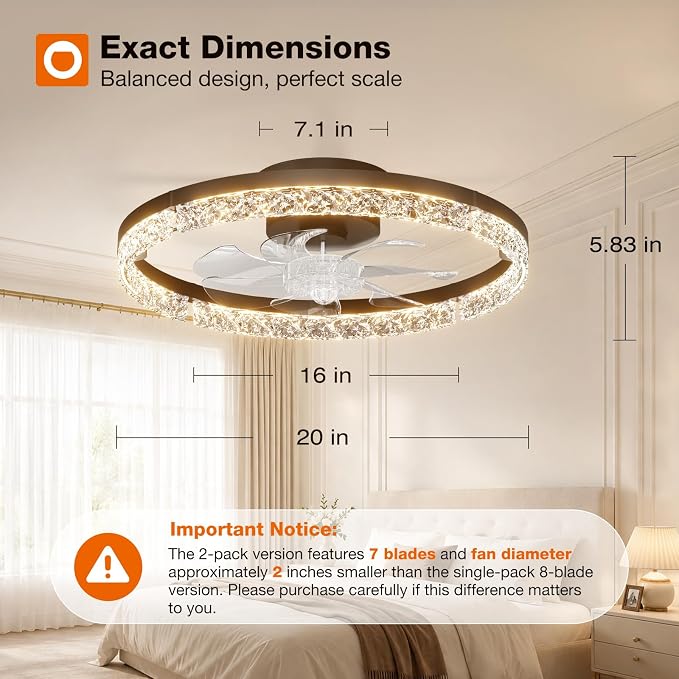 addlon 2 Pack Ceiling Fans with Lights and Remote, 20'' Low Profile Ceiling Fans, 3000-6000K Dimmable Modern Flush Mount LED Fan Light, Fandelier Ceiling Fan for Bedroom, Kitchen, Living Room