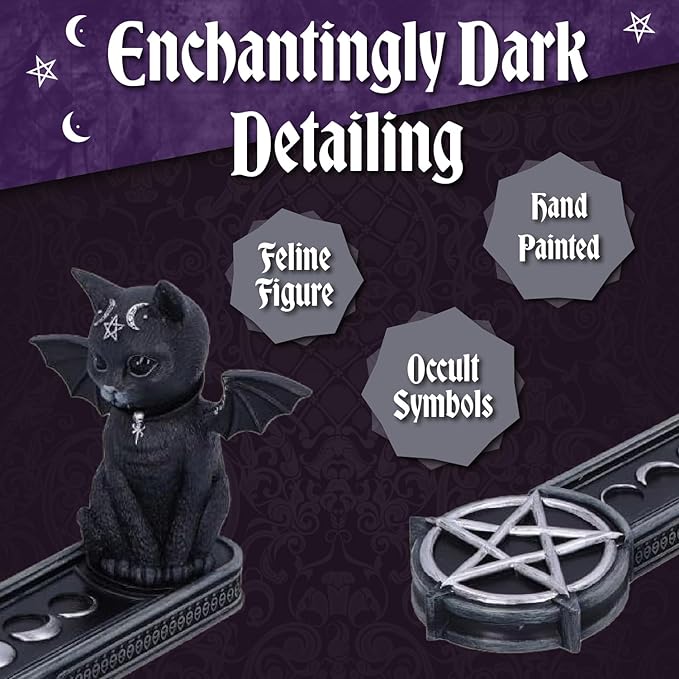 Nemesis Now Malpuss Vampire Cat Incense Burner, Hand-Painted Resin Gothic Decor Featuring Bat Wings and Pentagram Symbol, 24cm